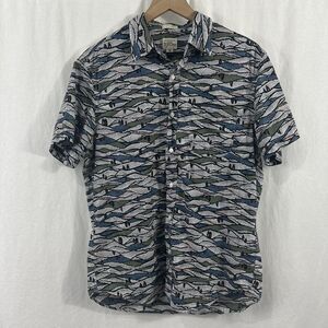 J. Crew Cream Penguin Printed Short Sleeve Cotton Button Up Shirt Mens Size M